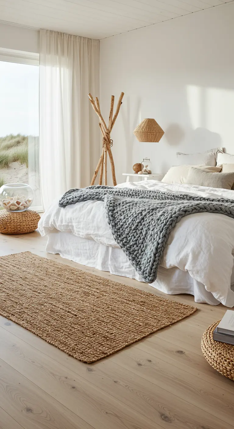 Lichte strandslaapkamer met een jute vloerkleed, een grijsblauw deken en een kapstok van takken.