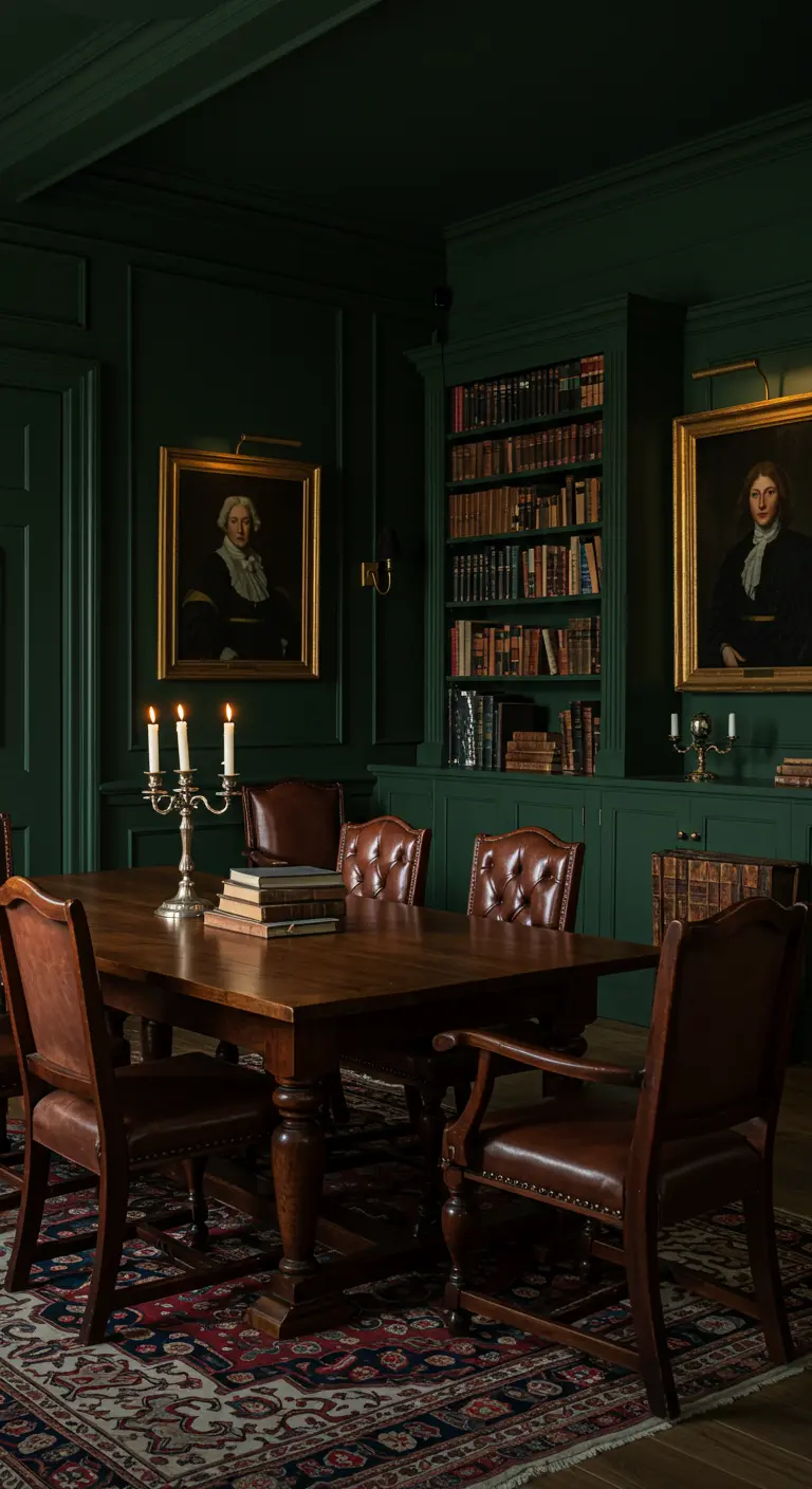 Donkere eethoek in studeerkamerstijl met leren stoelen en boekenkasten.
