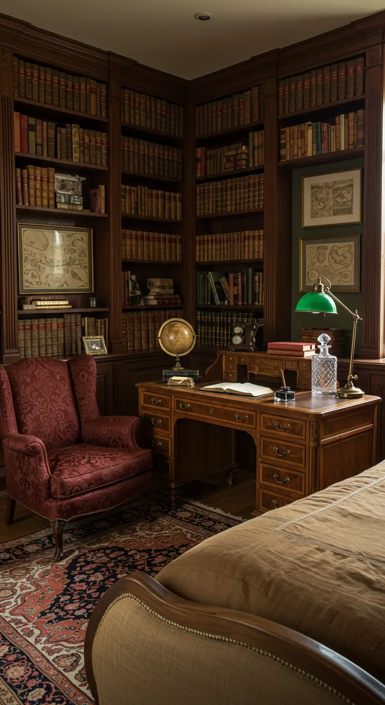 Slaapkamer gecombineerd met klassieke studeerkamer, donkerhouten boekenkasten en bureau.