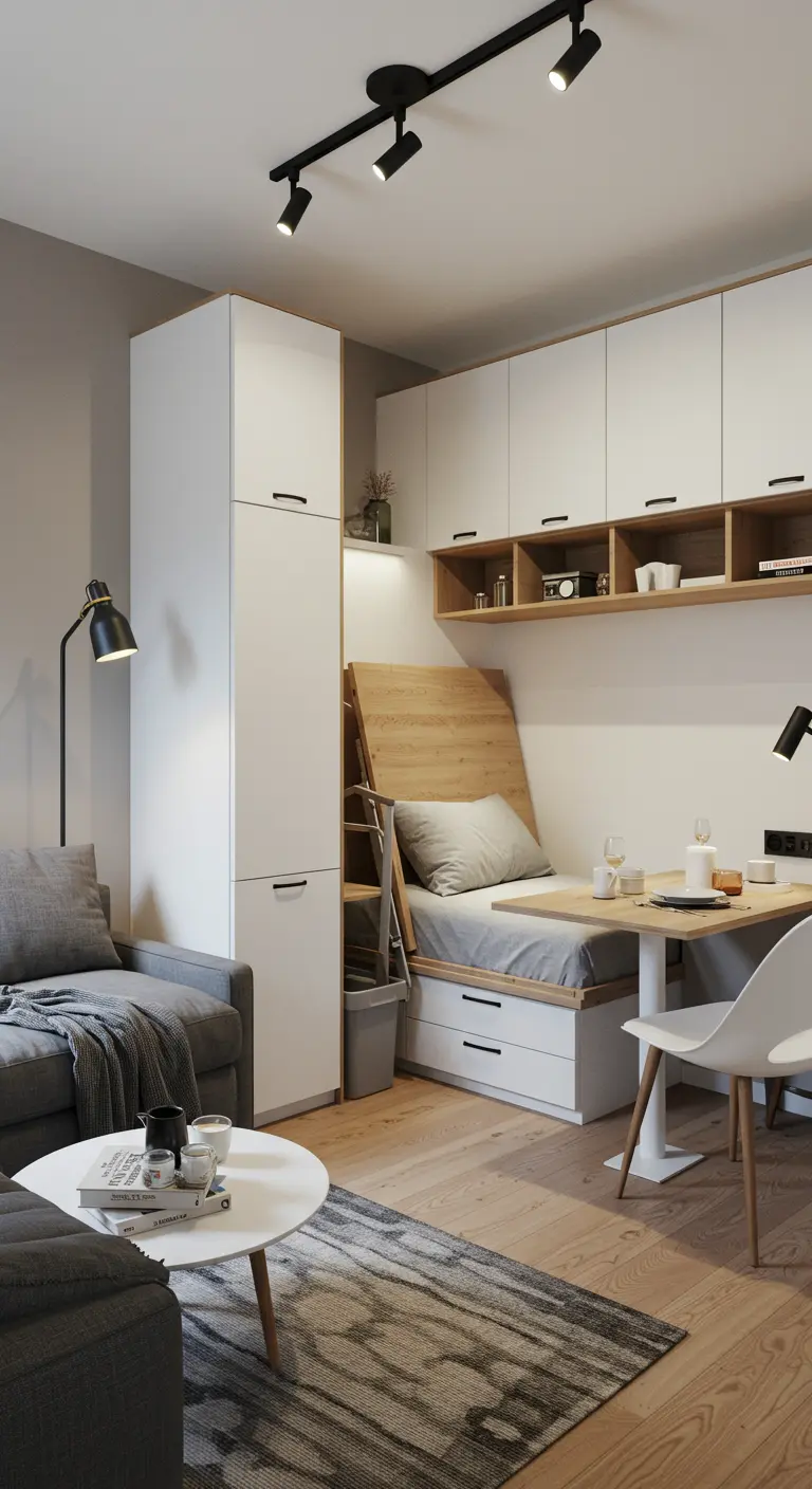 Compacte studio-indeling met bed met opbergruimte, kleine eettafel en hoge kasten.