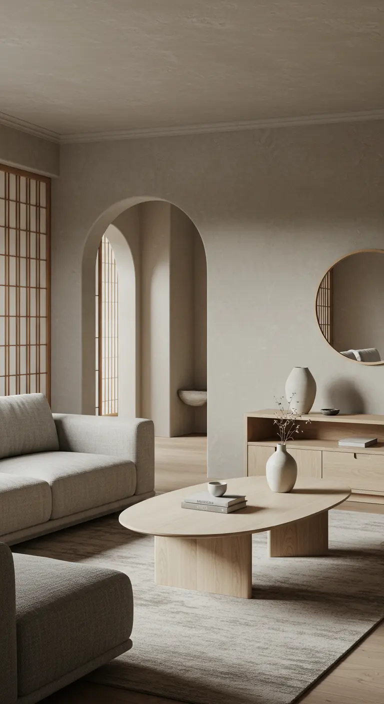 Minimalistische woonkamer met een boogdoorgang, ovale salontafel en ronde spiegel.