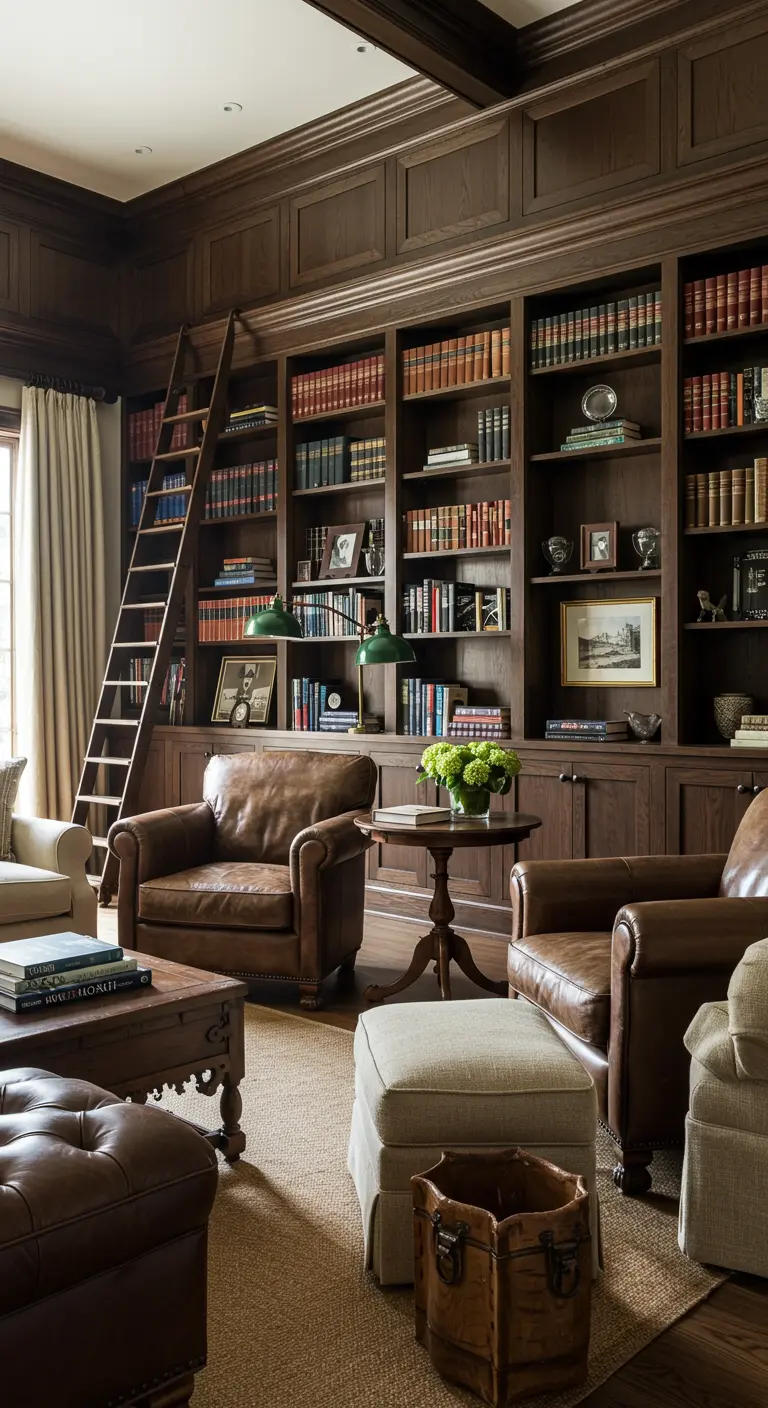 Klassieke bibliotheekwoonkamer met donkerhouten kasten en leren fauteuils.