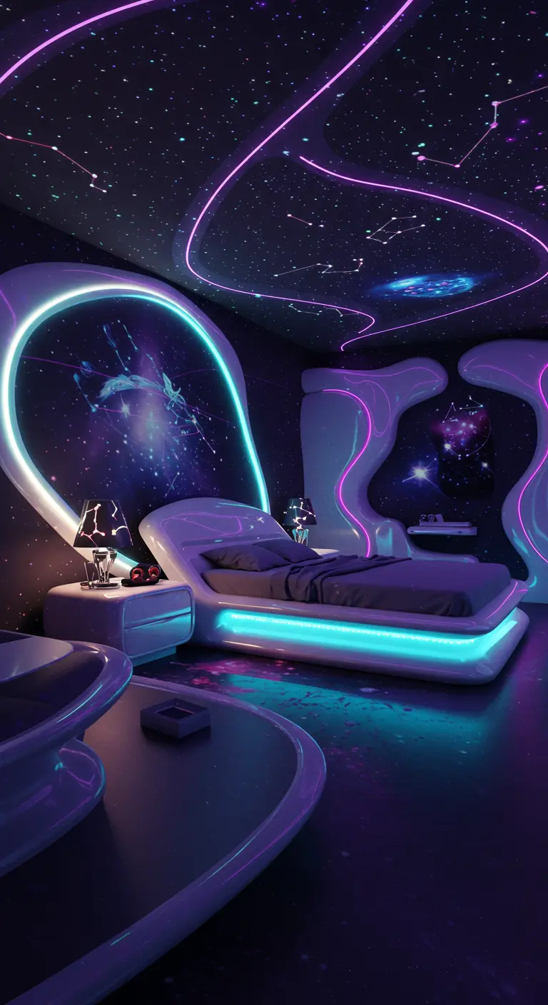 Futuristische slaapkamer met neon paarse en blauwe verlichting en sterrenhemel.