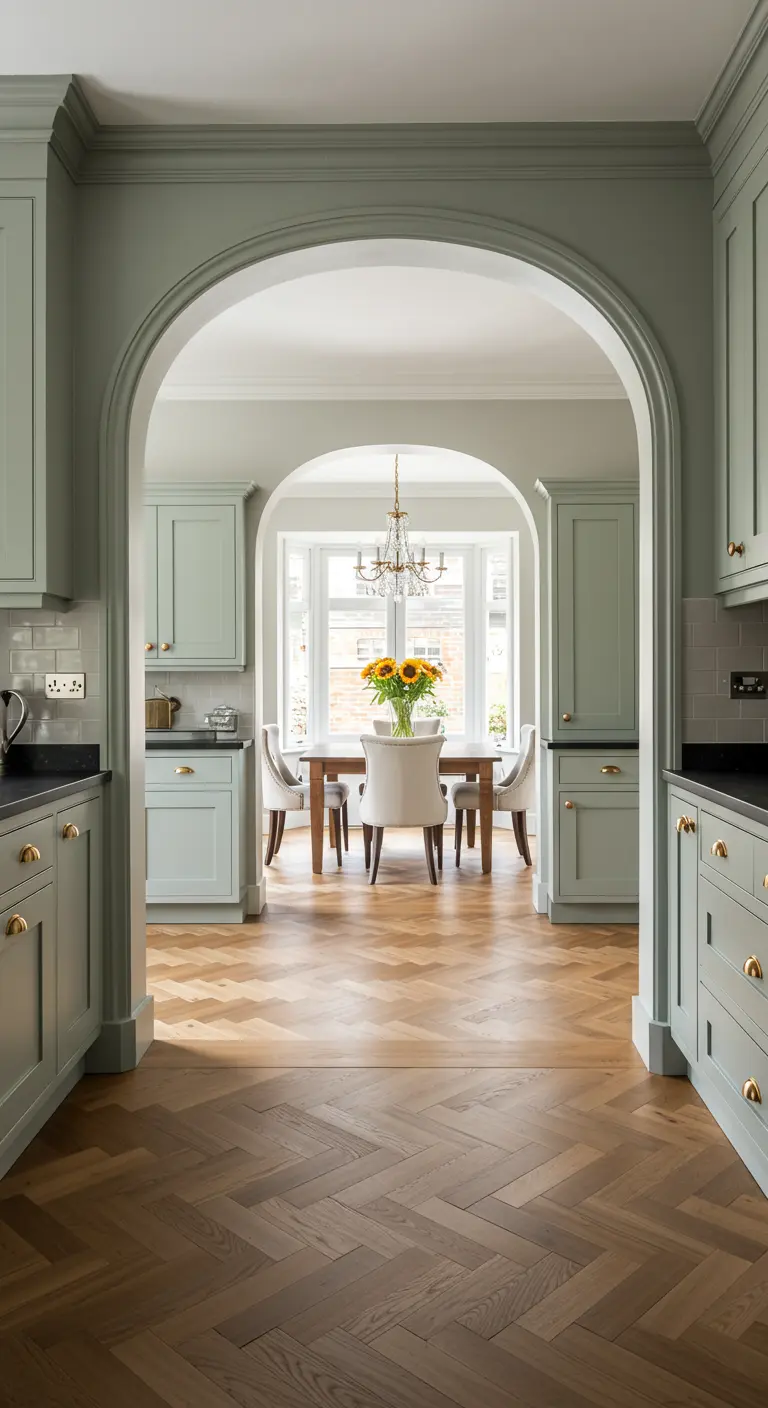 Saliegroene keuken met een elegante boogdoorgang naar de lichte eethoek.