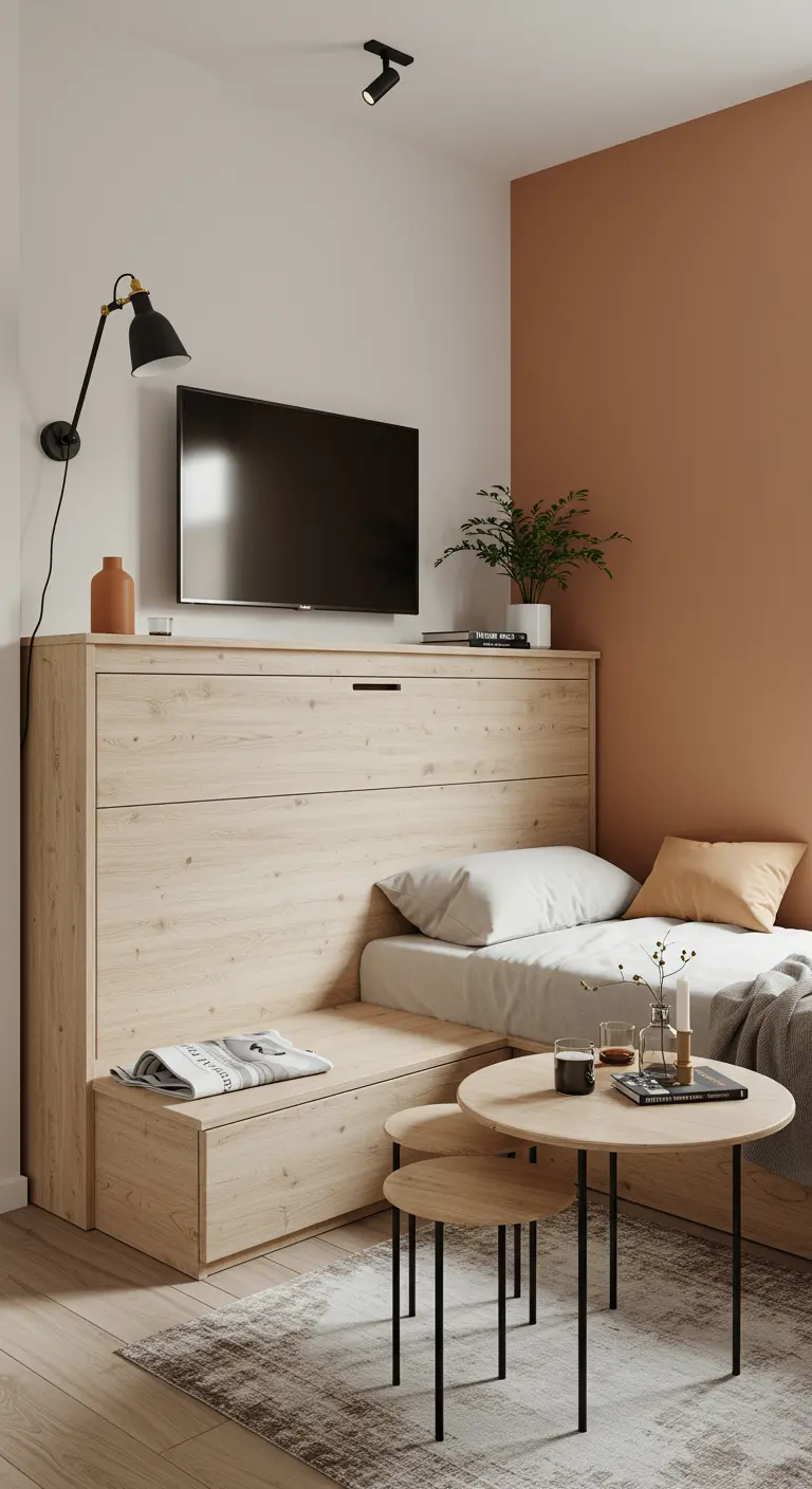 Moderne studio met een opklapbed geïntegreerd in een lichte houten kastenwand en een L-vormige bank.