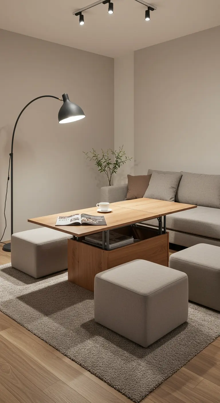Houten salontafel die verhoogd en uitgeklapt kan worden tot eettafel, met poefjes.