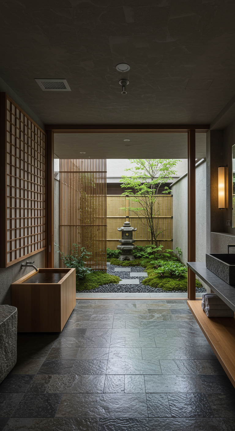 Badkamer met houten bad en uitzicht op een Japanse tuin.