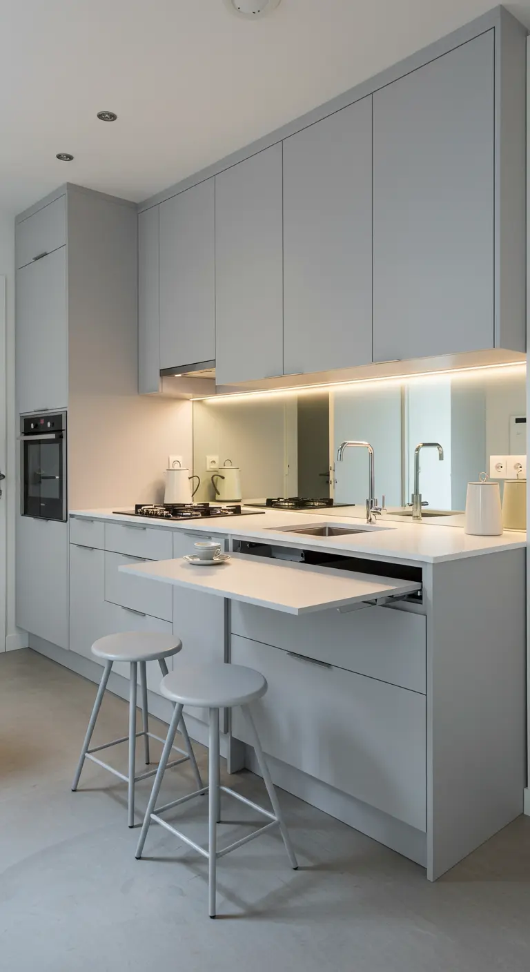 Moderne grijze keuken met een slim uitschuifbaar tafelblad voor extra eet- of werkruimte.