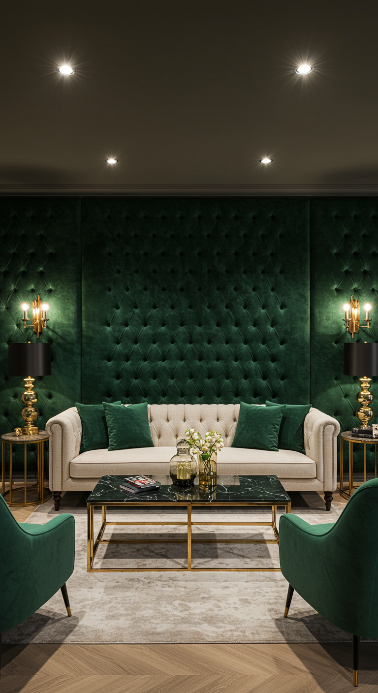 Woonkamer met smaragdgroene gecapitonneerde fluwelen accentwand achter een beige bank.