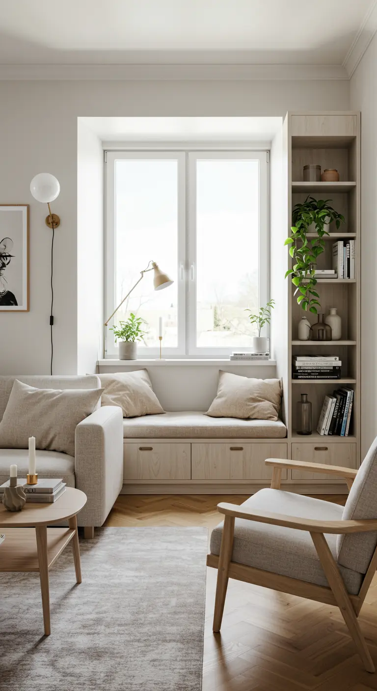 Scandinavische woonkamer met een brede vensterbank omgebouwd tot zitplek met opbergruimte.