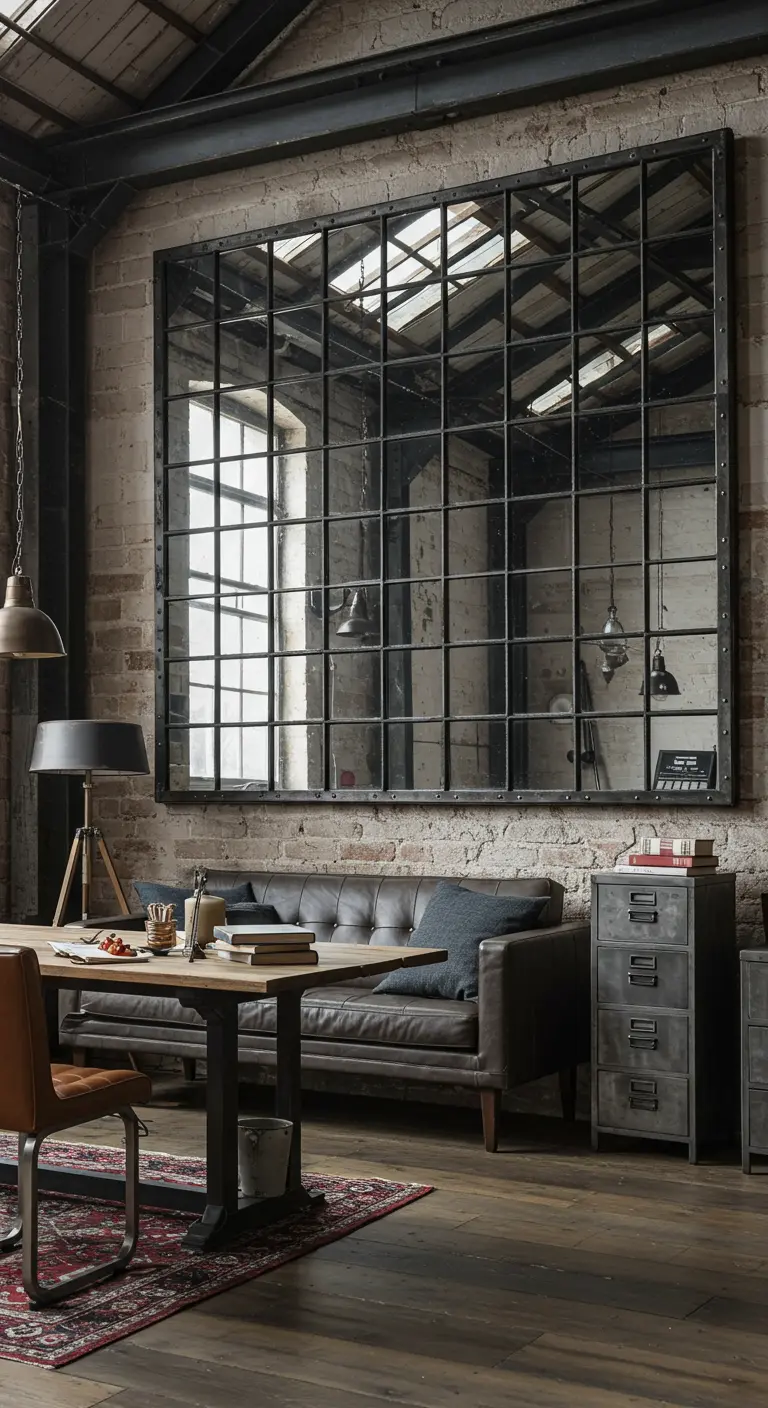 Grote rechthoekige spiegel met zwart metalen raamkozijn-effect in een industrieel ingerichte woonkamer.