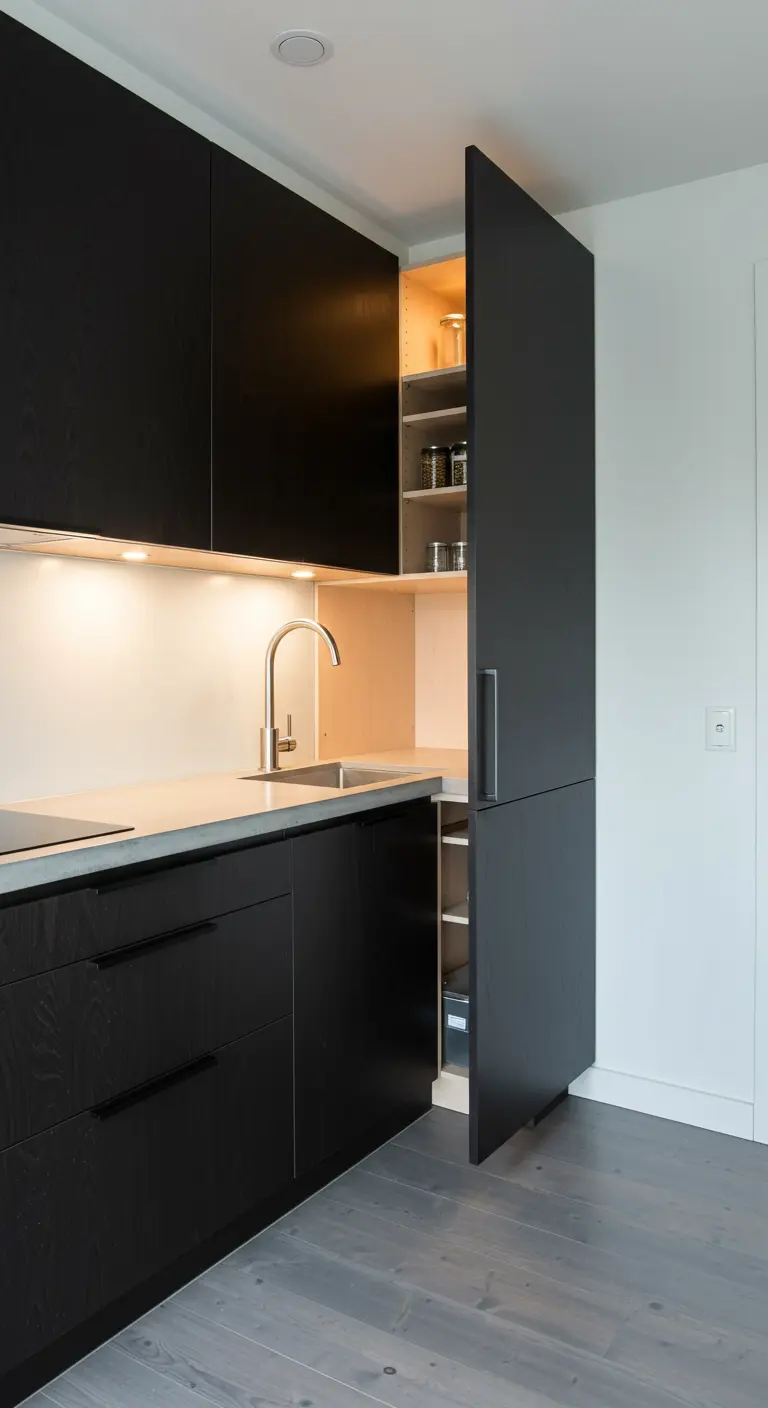 Moderne zwarte keuken met een hoge, smalle uittrekbare apothekerskast voor maximale opbergruimte.