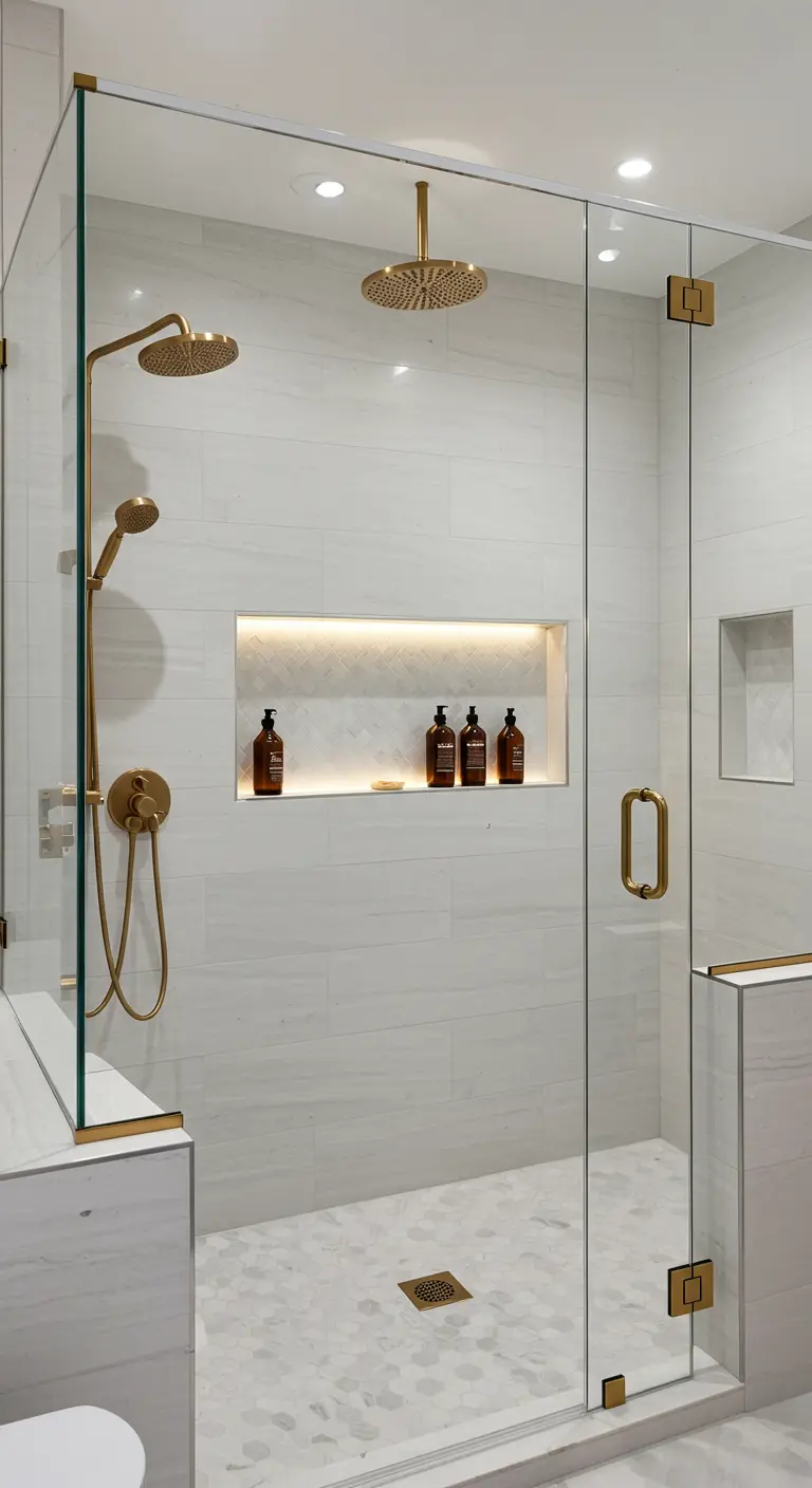 Moderne douche met gouden kranen en verlichte nis