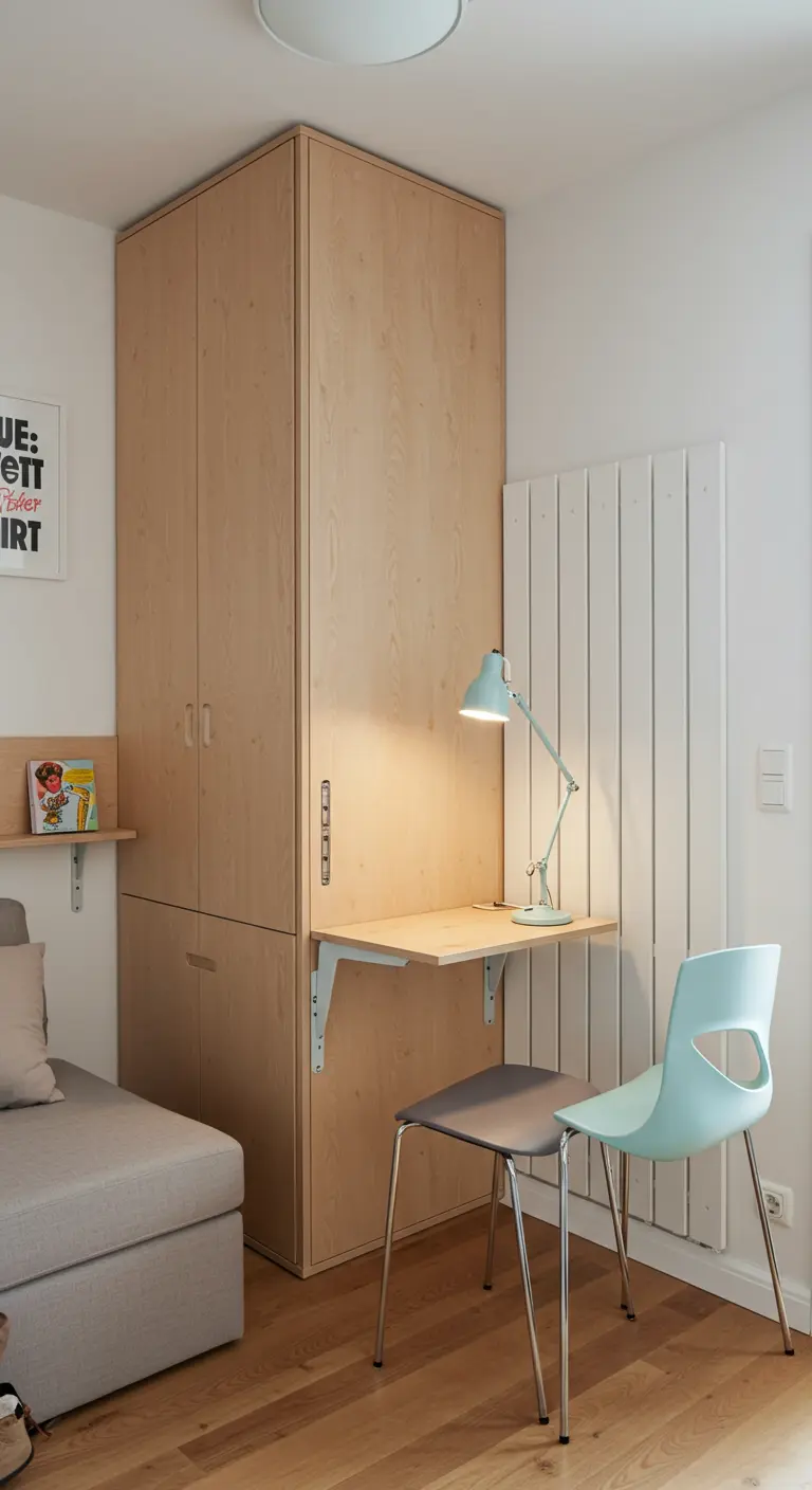 Hoge houten kast met een uitgeklapt bureaublad en een mintgroene stoel.