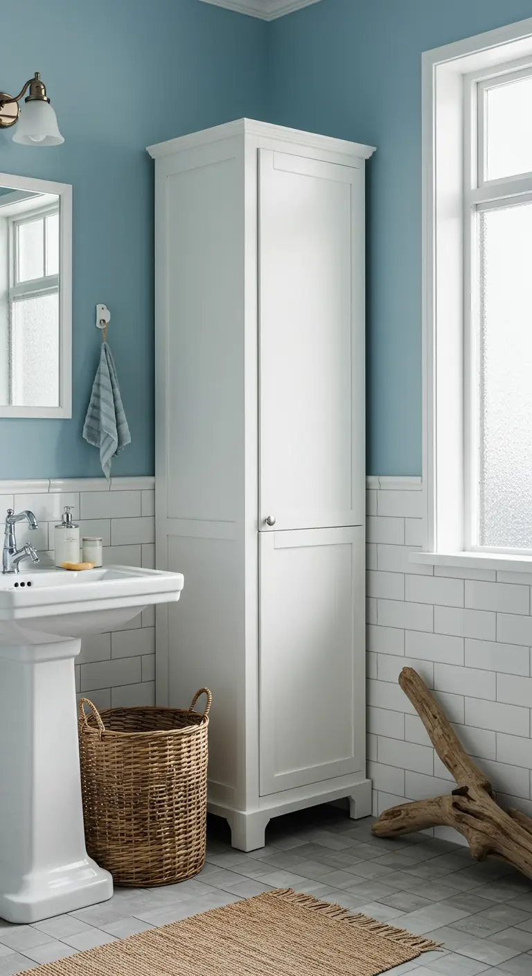 Hoge, smalle witte opbergkast in een lichtblauwe badkamer.