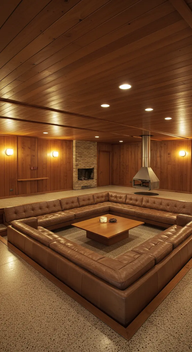 Retro woonkamer met een grote, verzonken zithoek met leren kussens en houten lambrisering.