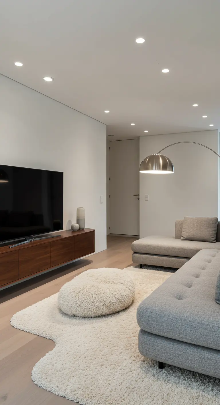 Moderne woonkamer met een groot, organisch gevormd wit vloerkleed en een booglamp.