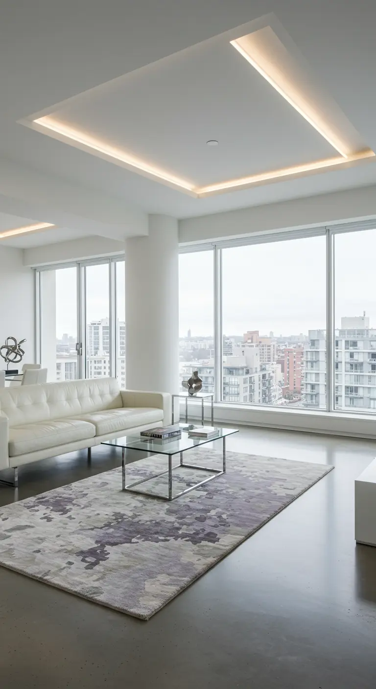 Moderne woonkamer met groot raam en abstract paars-grijs vloerkleed.