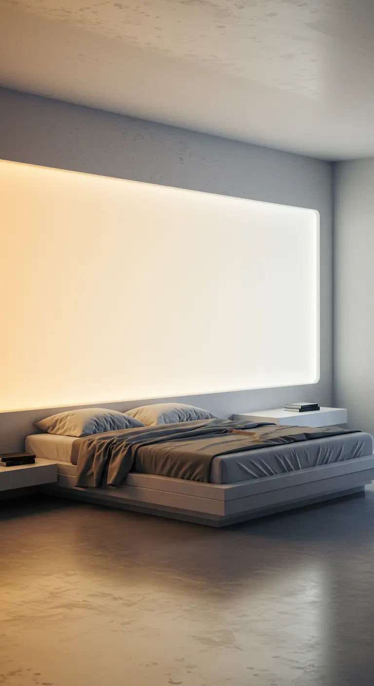 Minimalistische slaapkamer met een enorm verlicht paneel achter het bed.