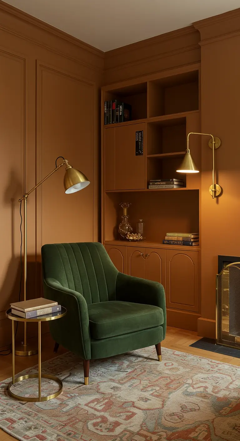Warme leeshoek in terracotta en groen met fluwelen fauteuil en messing lampen.