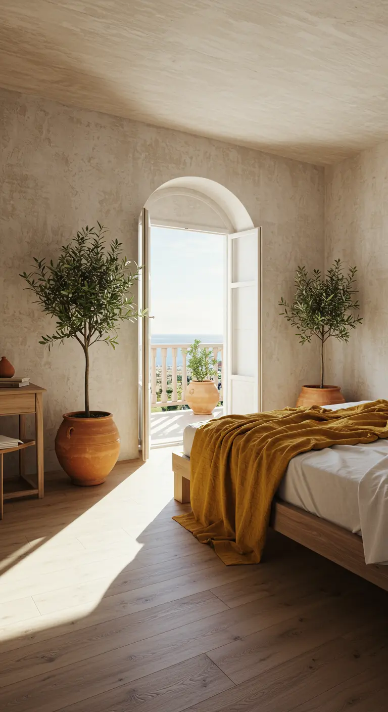 Lichte slaapkamer met getextureerde muren, een open deur naar een balkon en olijfbomen in potten.