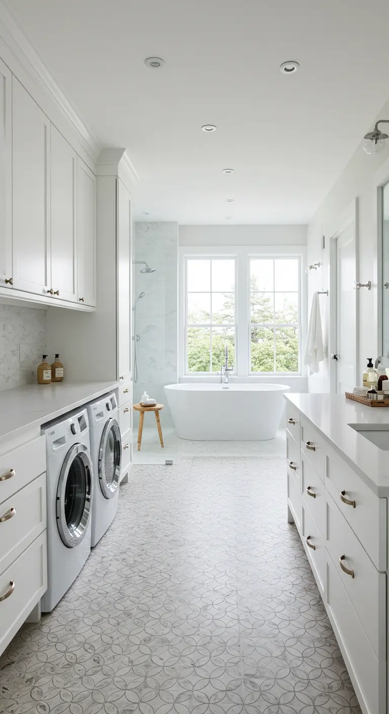 Wasmachine en droger naast elkaar onder een wit werkblad in een ruime, lichte badkamer.