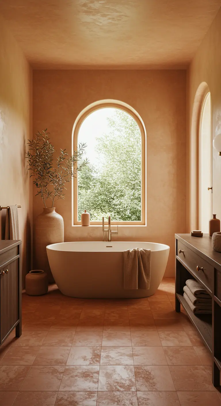 Badkamer met terracotta muren, vrijstaand wit bad, houten meubels, boogvenster.
