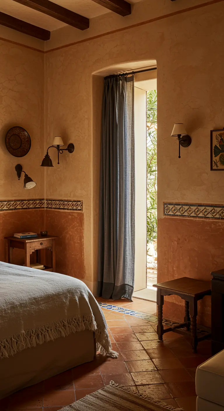 Slaapkamer met terracotta muren en een grijsblauw gordijn dat een doorgang afschermt.