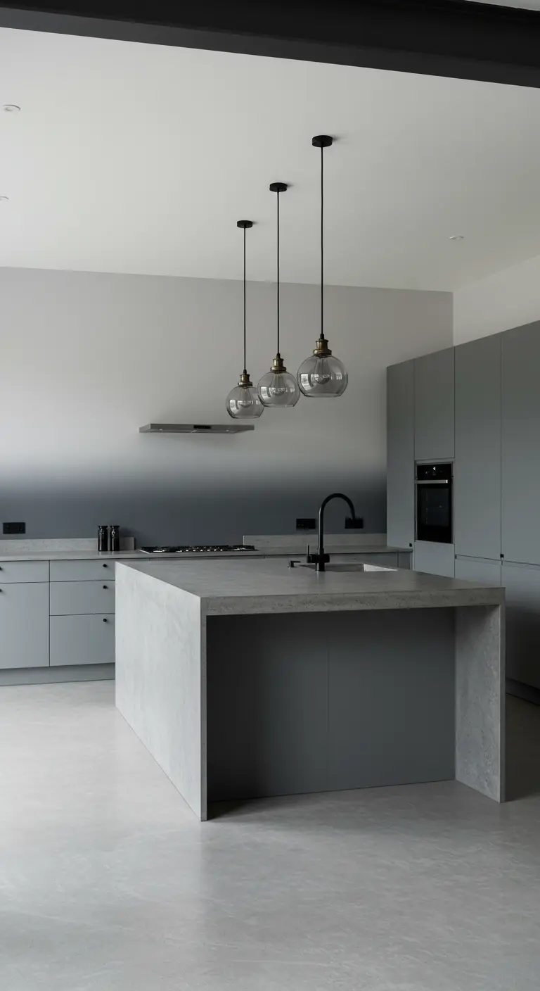 Minimalistische grijze keuken met kleurverloopmuur van licht- naar donkergrijs en betonnen eiland.