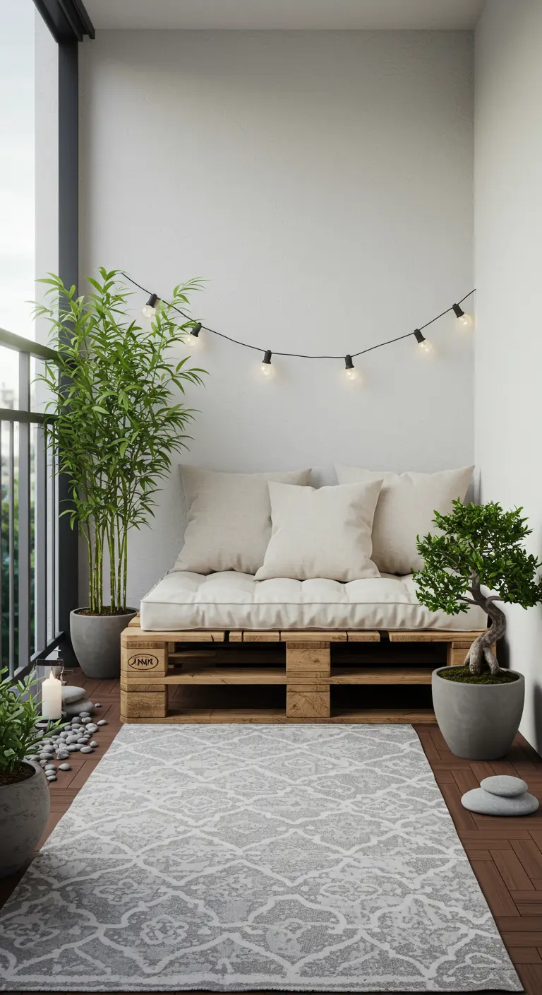 Rustig zen-balkon met lichte palletbank, witte kussens, bamboe, bonsaiboom en een grijs patroon vloerkleed.