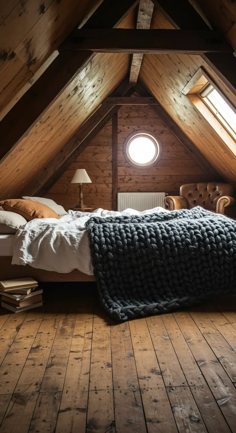 Knusse zolderkamer met houten balken, een dik grijs gebreid deken en een stapel boeken naast het bed.