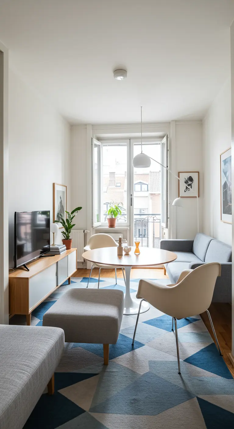 Lichte woonkamer met ronde eettafel, blauw geometrisch kleed en compacte bank.