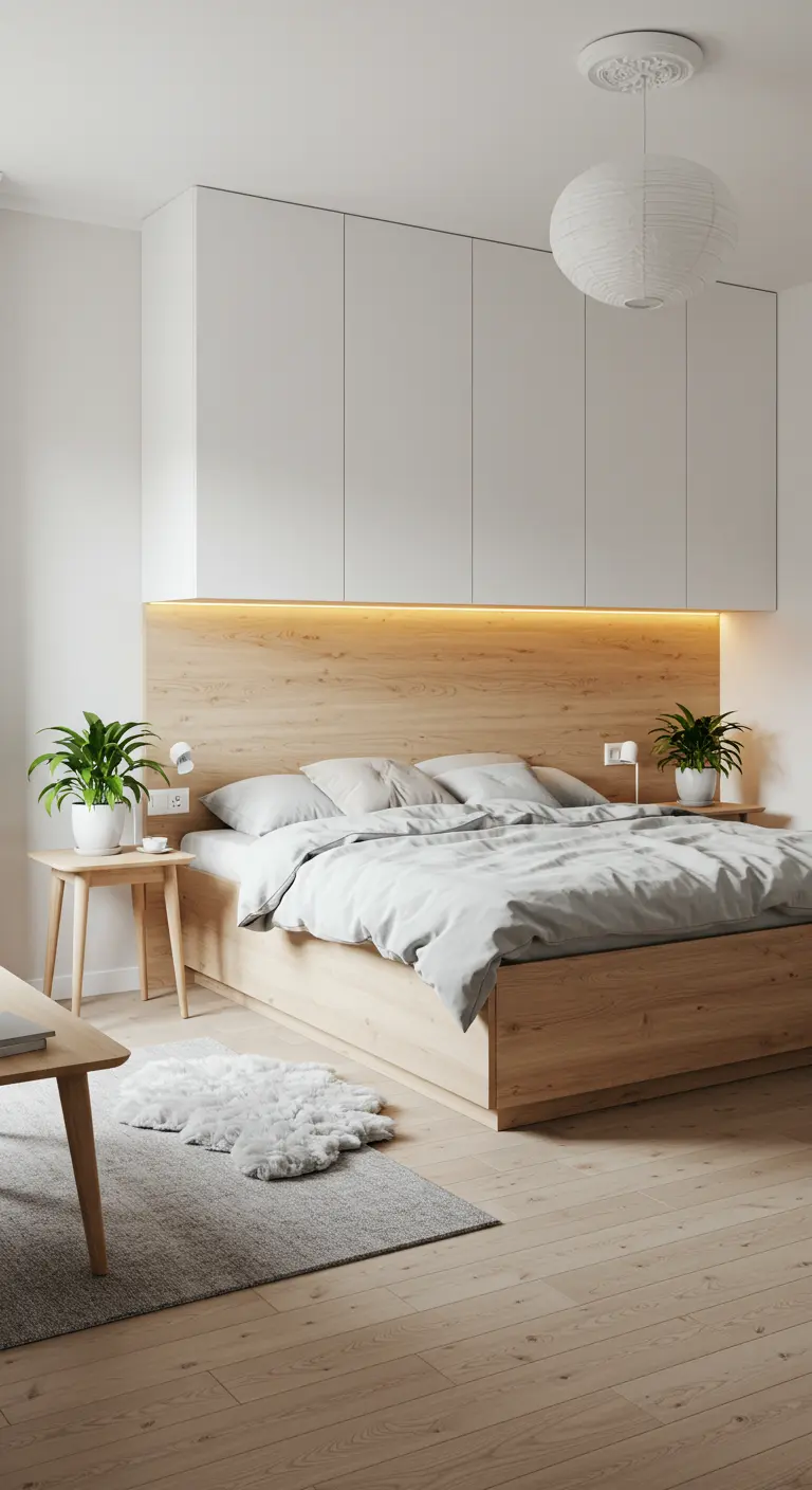 Lichte slaapkamer met houten hoofdbord en verborgen LED-strip erboven voor zachte verlichting.