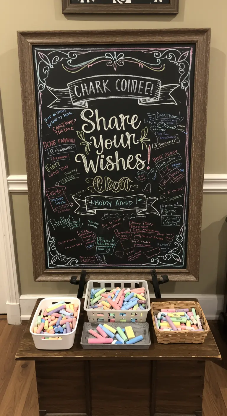 Groot krijtbord met 'Share your Wishes' en gekleurde krijtjes voor gasten.