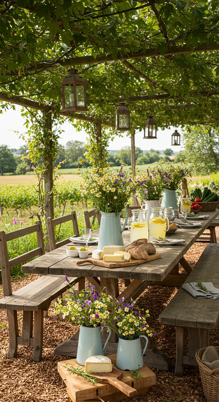 Lange houten tafel onder pergola met veldbloemen, voor een landelijke lunch.