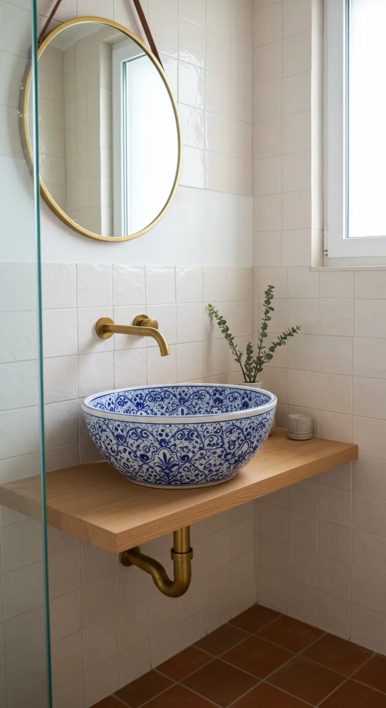 Delfts blauw gedecoreerde opzetwaskom op een zwevende houten plank met gouden kraan.