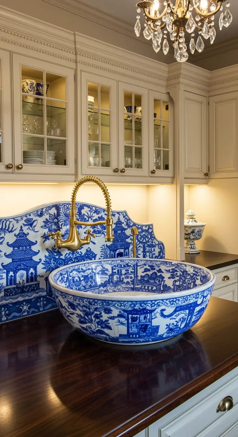Keuken met grote, ronde Delfts blauw-stijl spoelbak en bijpassende achterwand.