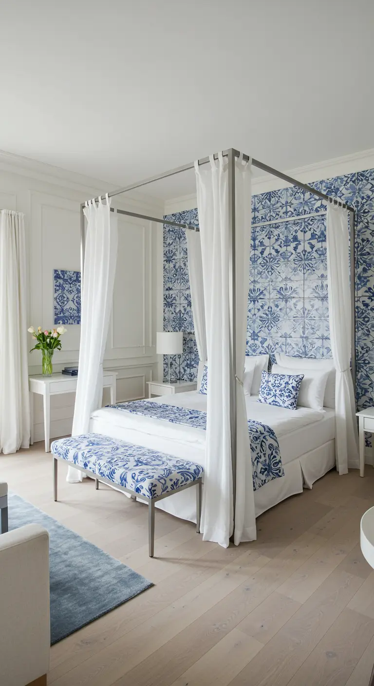 Slaapkamer met blauw-wit tegelpatroon als accentmuur en modern metalen hemelbed.