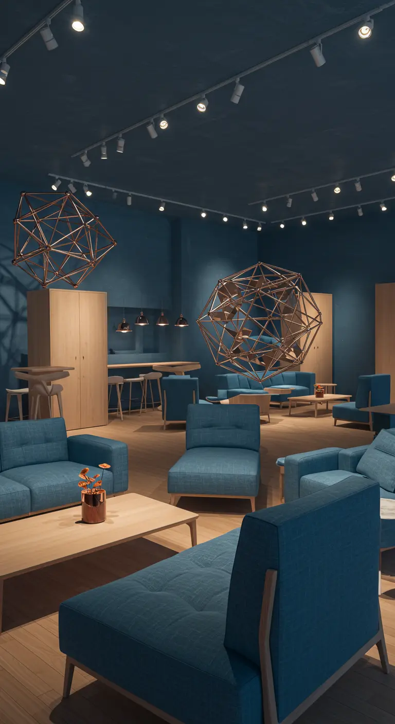 Moderne lounge met blauwe meubels, houten accenten en geometrische kunstobjecten.