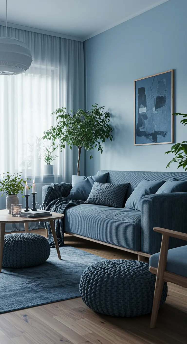 Gezellige woonkamer in drie blauwtinten met houten vloer en planten.