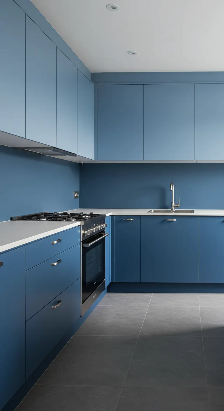 Moderne, greeploze keuken volledig in verschillende tinten vergrijsd denimblauw.