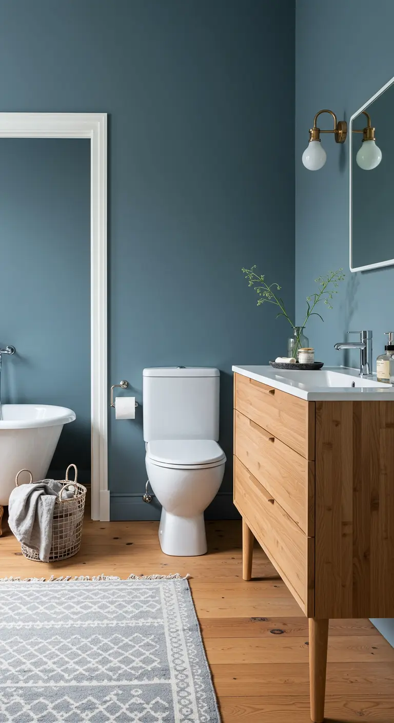 Badkamer met vergrijsd blauwe muren, licht houten vloer en meubel, en wit sanitair.