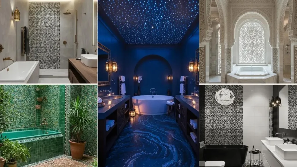Een collage van Marokkaanse riad badkamers met diverse patronen, kleuren en mozaïek.