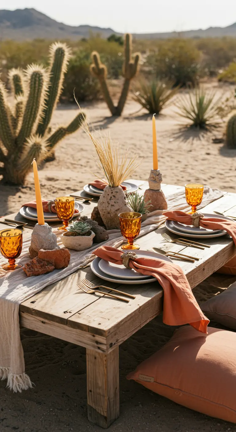 Boho brunchtafel in woestijnstijl met aardetinten, droogbloemen en vetplanten.
