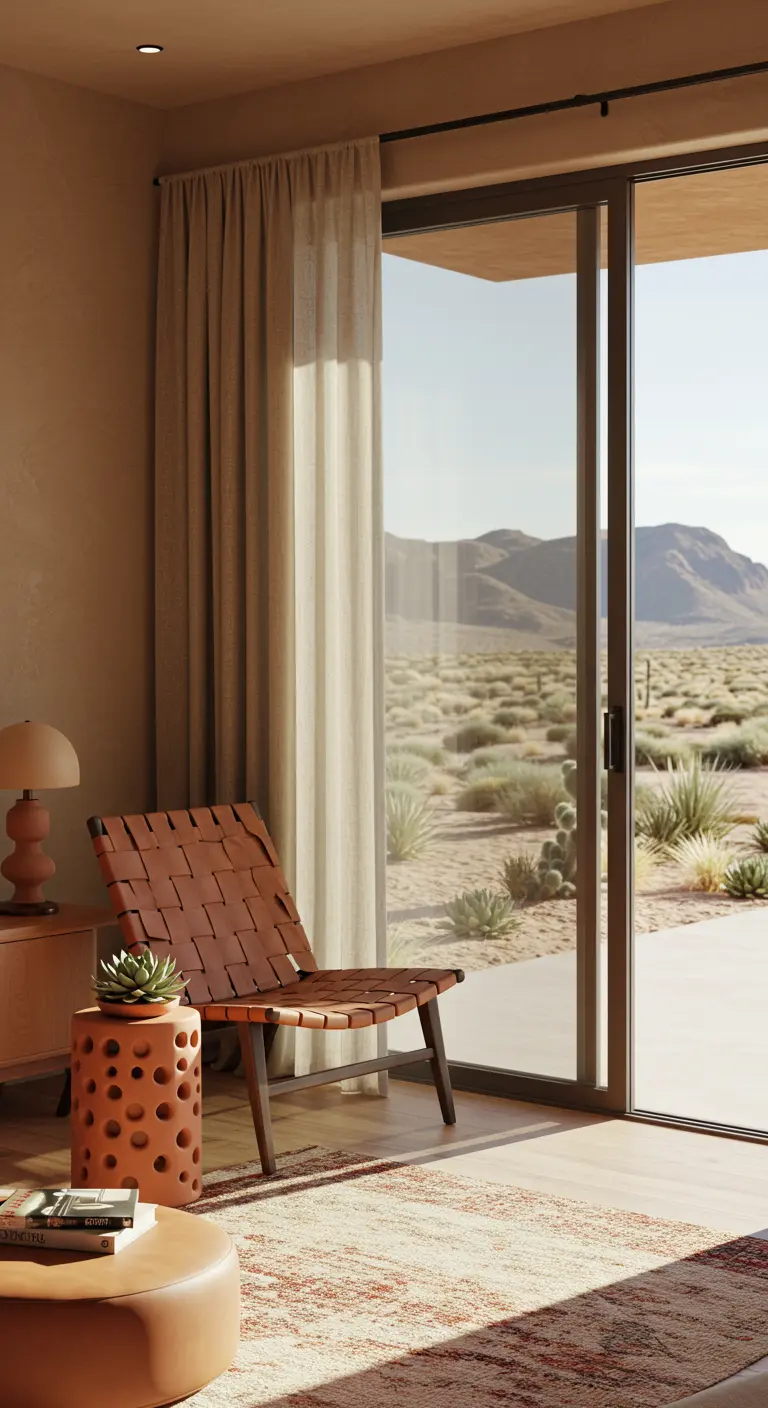 Woestijnstijl hoek met bruine leren weefstoel, terracotta kruk, cactus en uitzicht op woestijn.