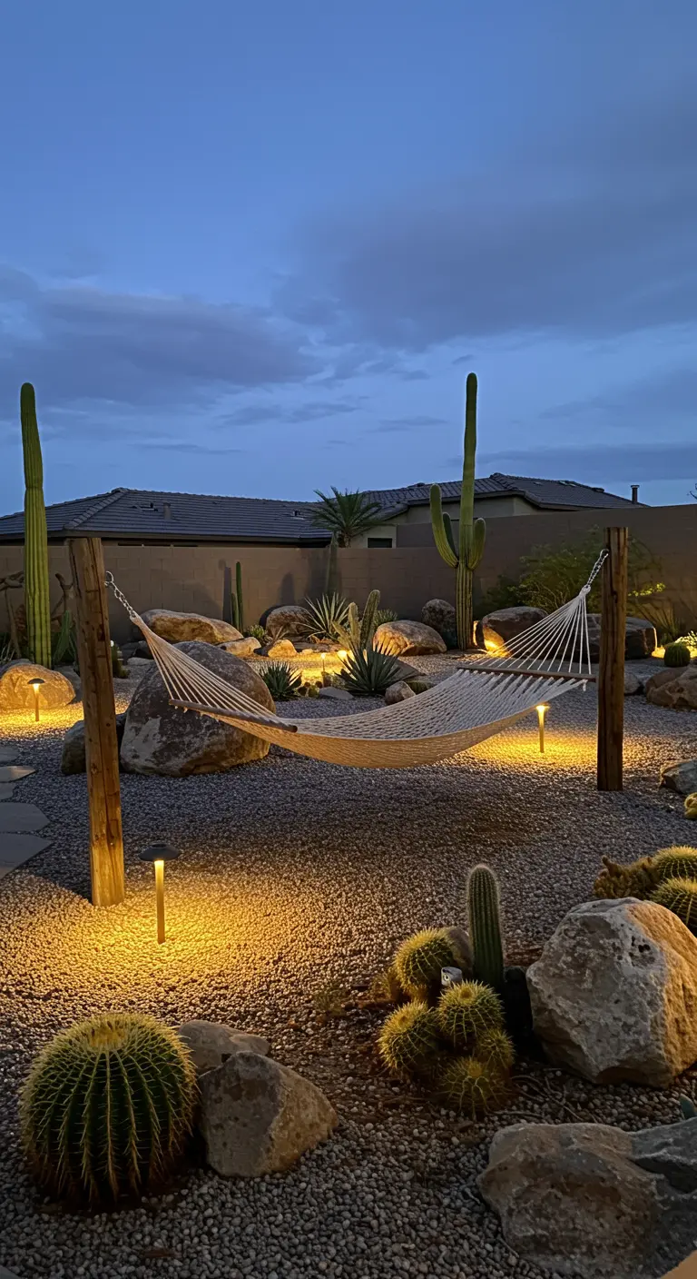 Naturel hangmat tussen houten palen in een woestijntuin met cactussen en sfeerverlichting.