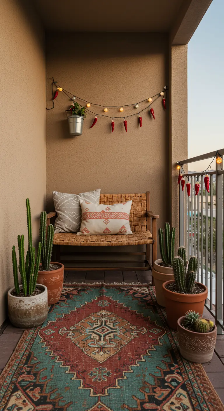Balkon met Zuidwestelijk buitenkleed, cactussen en rotan bankje.