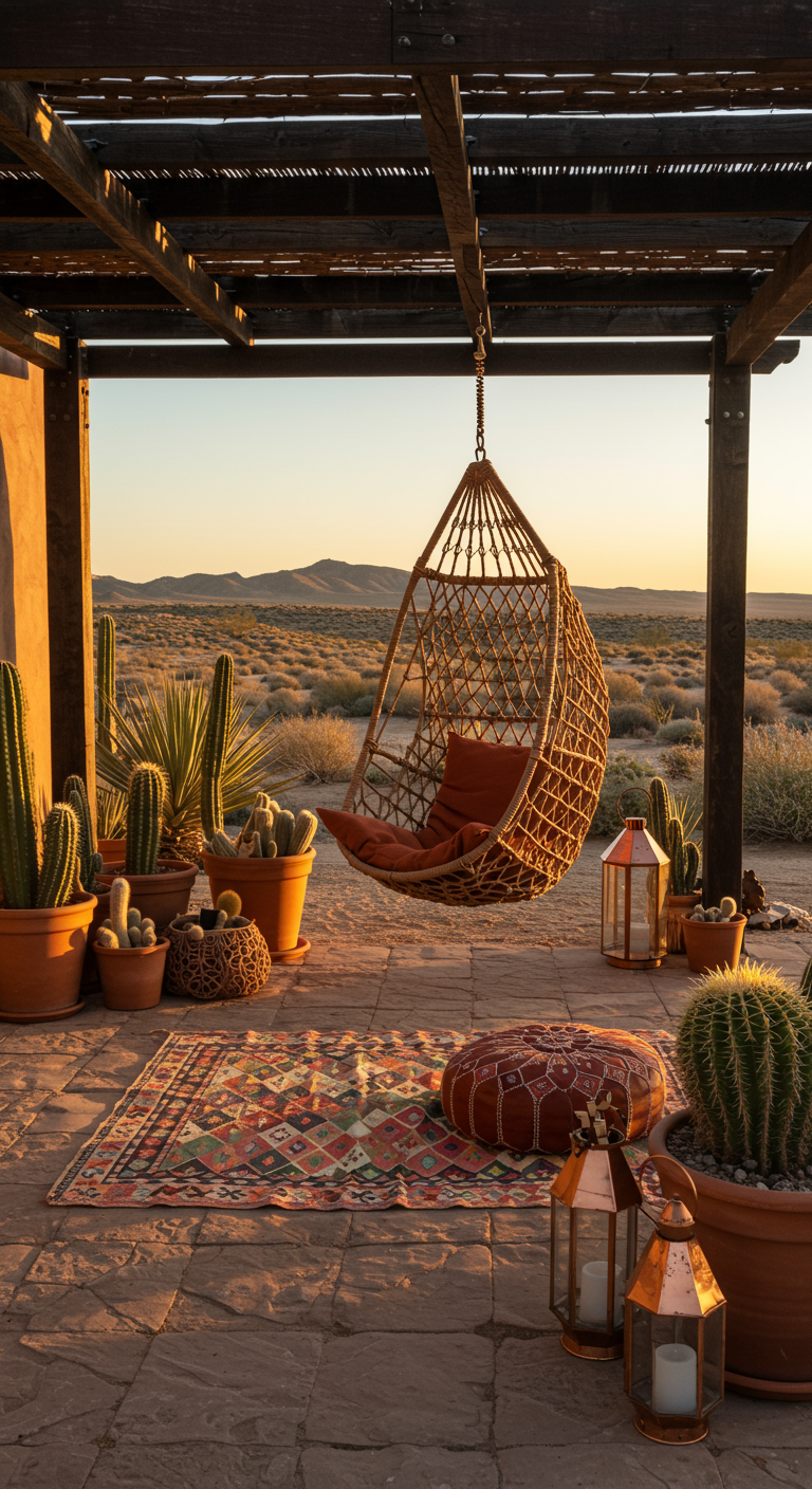 Rotan hangstoel onder pergola met cactussen, kelim kleed en lantaarns.