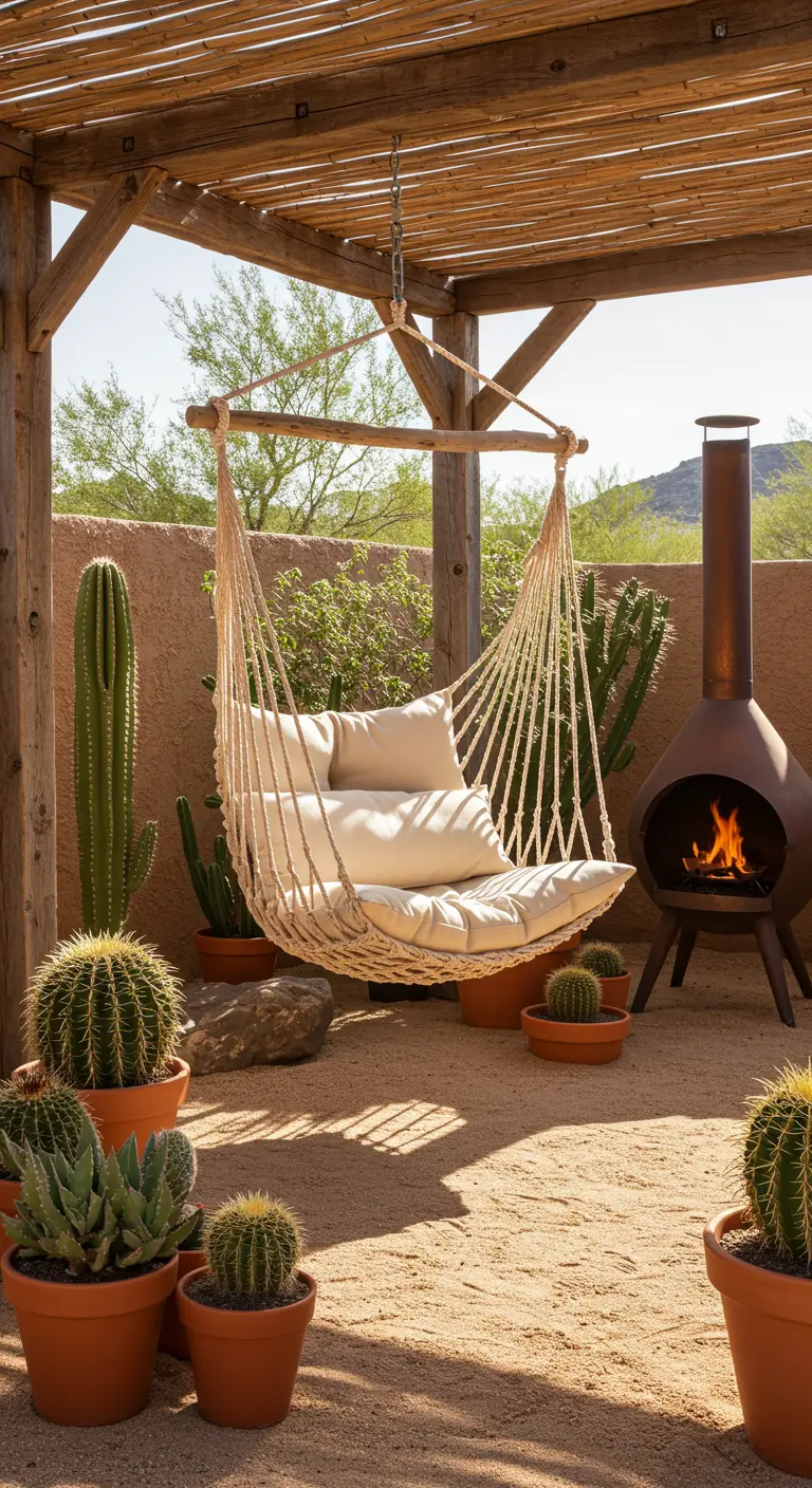 Macramé hangstoel onder pergola in woestijnstijl tuin met cactussen en buitenhaard.