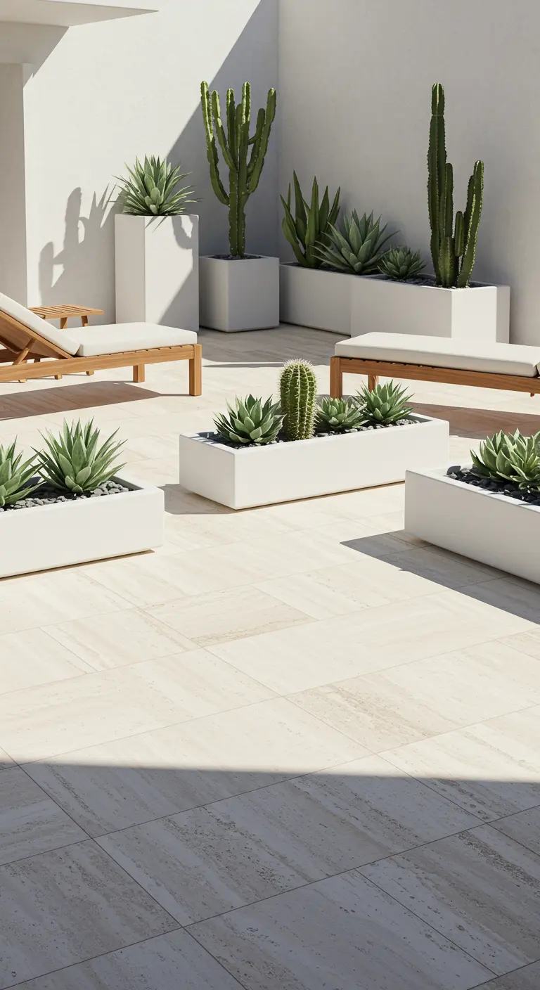 Modern wit terras met grote cactussen en vetplanten in strakke witte plantenbakken onder de zon.
